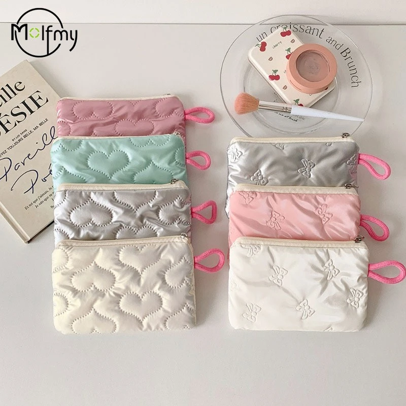 Silver Bow Cosmetic Pouch Coin Purses Wallet Lady Girls Earphone Data Cable Storage Package Key Money Storage Bag Zipper Pouch