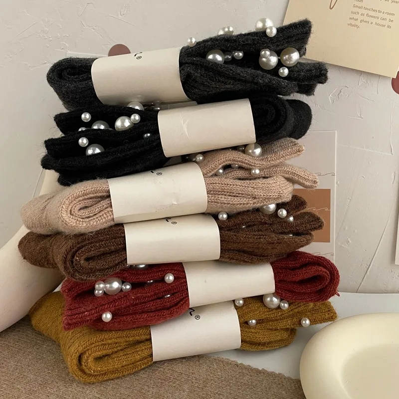 6 paia di calzini decorativi con perle calde alla moda da donna, eleganti e minimalisti, carini, a metà polpaccio, comodi calzini da donna ﻿