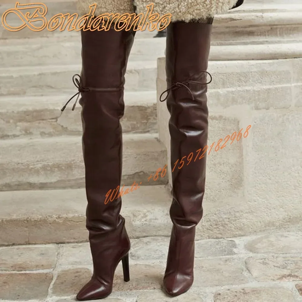 Schnürstiefel mit elastischem Band, spitzer Zehenbereich, solides Leder, klobige High Heels, Damenschuhe, Overknee-Winter-Runway-lange Stiefel, Neu