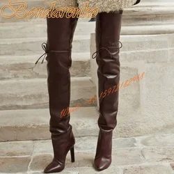 Lace Up Elastic Band Boots Pointed Toe Solid Leather Chunky High Heels Women Shoes Over The Knee Winter Runway Long Boots New