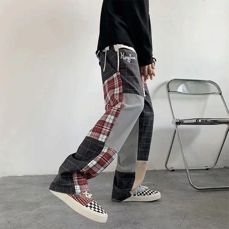 Spliced Patchwork Plaid Men's Pants Y2C Kpop Ins Chic Loser Singer Dance Pants Sexy Club Wide Leg Straight Male Boy Pring Pants