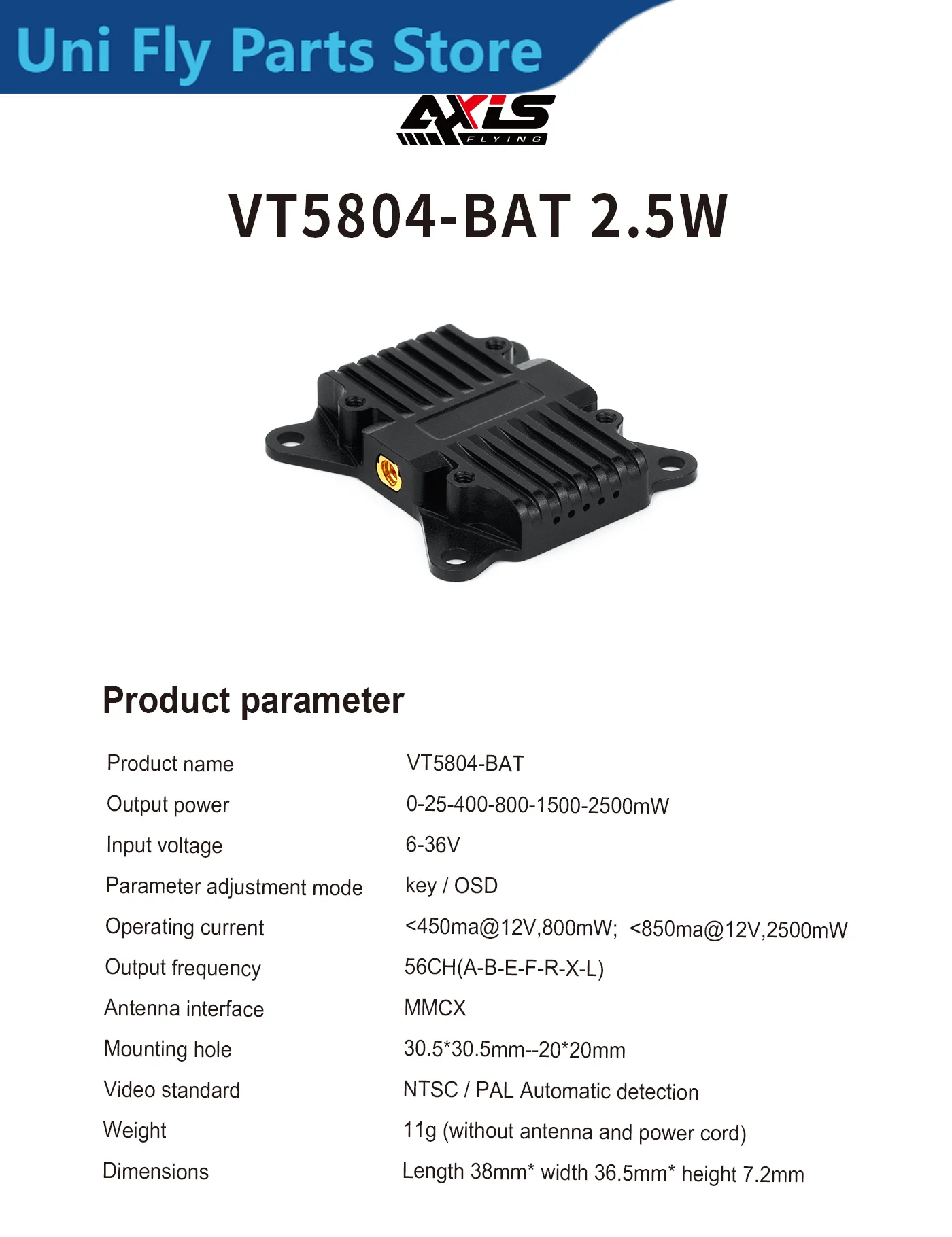 UniFlyAxisflying PandaRC 5.8G 2.5W VTX VT5804-BAT Video Transmitter 56CH 6-36V For FPV Long-distance Racing Drone Accessories