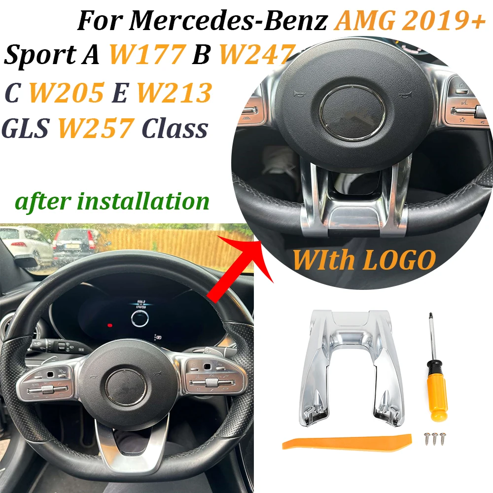 For Mercedes-Benz AMG A/B/C/E/G/CLS/CLA-class 2019+Car Steering Flat Wheel Lower Trim Cover With Logo  ABS Construction KIt