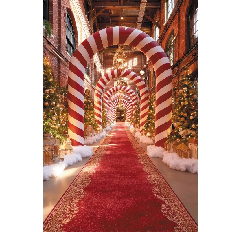 Christmas Decoration Photography Backdrop Candy Cane Arch Red Carpet Xmas Tree Lantern Holiday Celebration Portrait Backgrounds