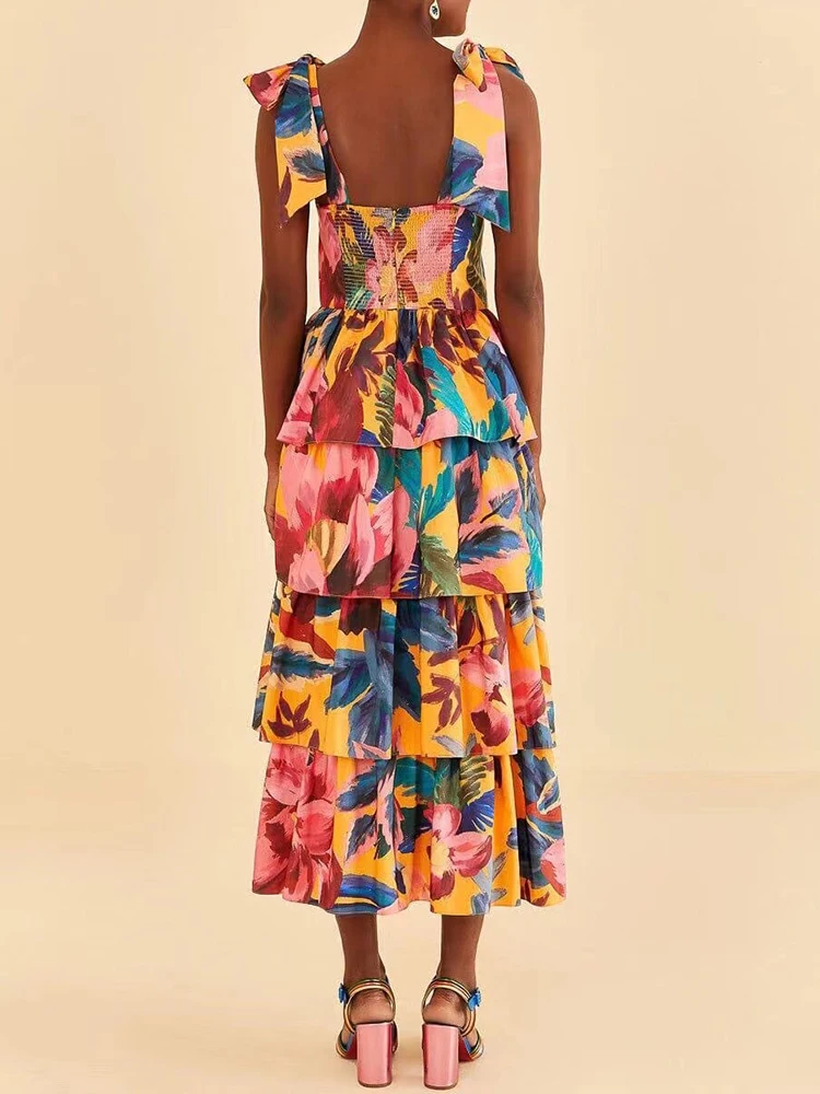VGH Spliced Lace Up Printing Casual Dresses For Women Square Collar Sleeveless High Waist Backless Colorblock Dress Female New