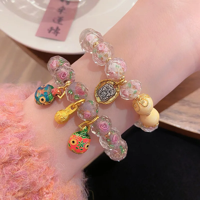 Spring Warm Flowers Bloom Super Fairy Sweet Fresh Princess Style Glaze Rose Swallowing Gold Beast Bracelet Girl Heart B