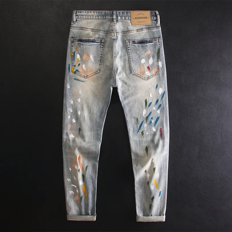 

Fashion Ink Splash Spray Paint Graffiti Painted Jeans Men's Slim Fit Stretch Spring Summer Thin Long Pants