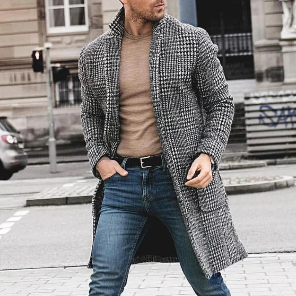 

Mens Smart Thin Style Casual Fashion Autumn Trendy Retro Mid-Length Houndstooth Woolen Coats Young Handsome tops Men's Clothing