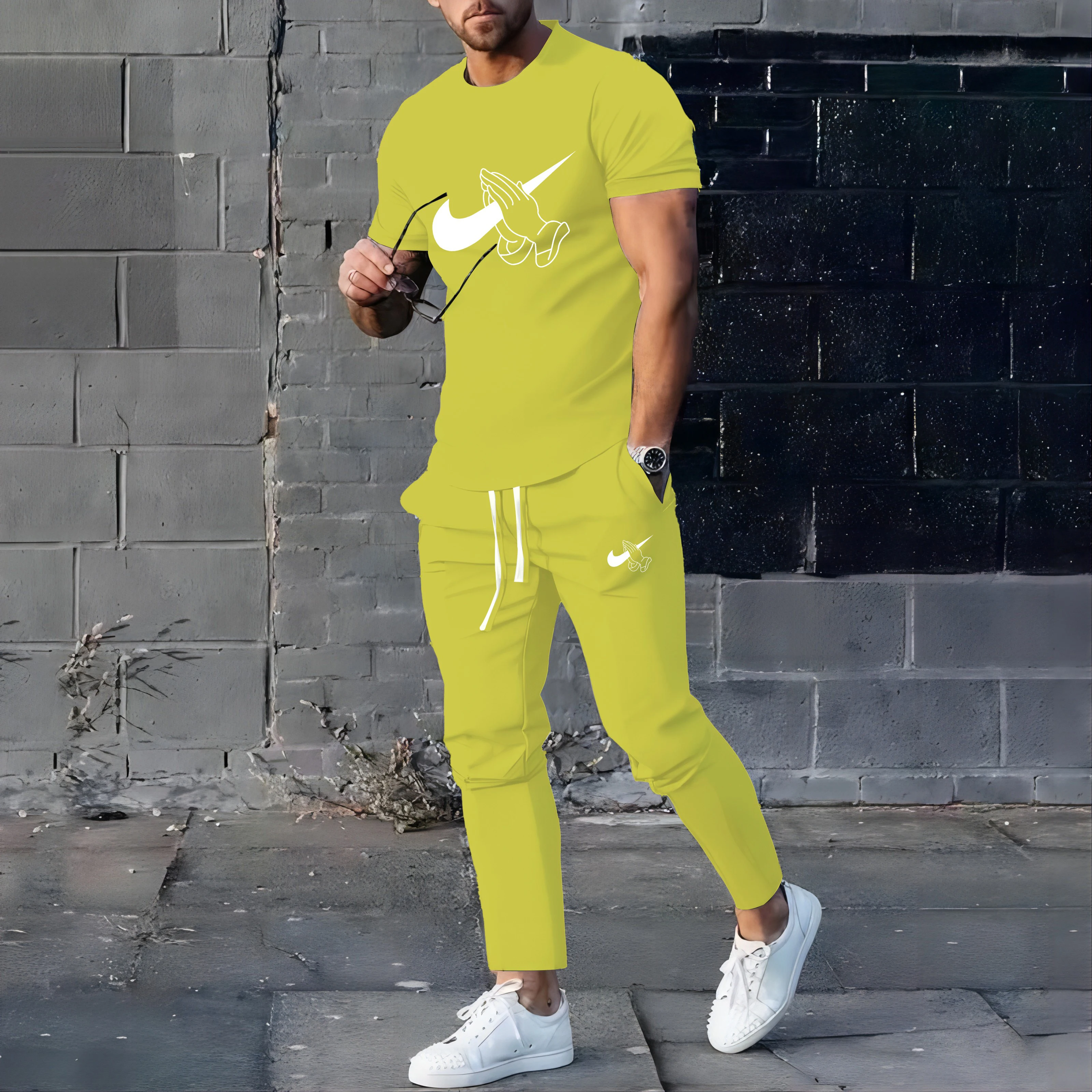 New high-quality 3D round neck short sleeved T-shirt long pants street wear sports men\'s clothing two-piece set for summer 2024