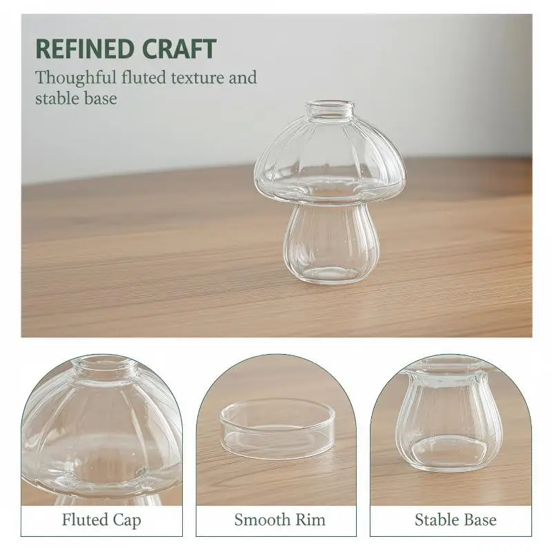 Cute Mushroom-Shaped Plastic Vase Clear Mini Ribbed Planter For Hydroponics, Small Flowers & Desk Decor