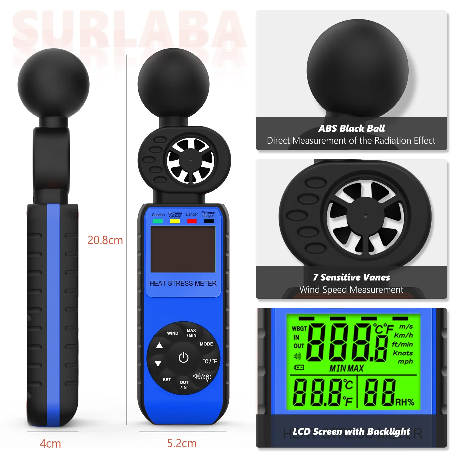 3 in 1 Anemometer Handheld Wind Speed Meter HP-881W, Handheld Anemometer with Wind Speed/Temperature/Humidity/WBGT Alarm