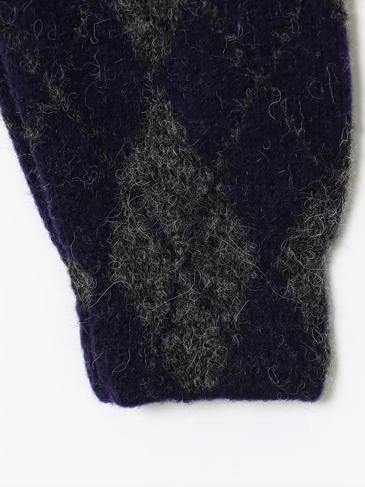 European style new women's fashionable and versatile elegant lapel long-sleeved diamond pattern knitted bomber jacket