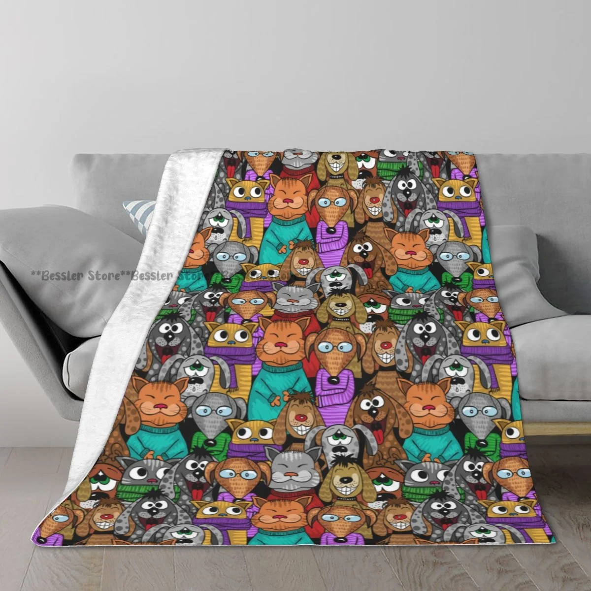 Soft Blanket Comic Cartoon Cats And Dogs Winter Sofa Throw Light Thin Mechanical Wash Flannel Blanket