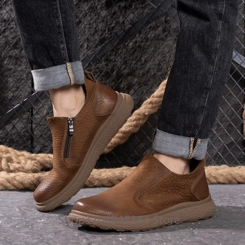 British Retro Genuine Leather High Top Side Zipper Chelsea Boots Men Shoes Business Casual Work Outdoor Cowhide Ankle Boots Male