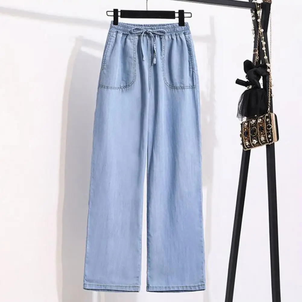 

Women Jeans Stylish Women's Drawstring Wide Leg Jeans with Elastic Waist Multi Pockets Casual Daily Wear Trousers for A Chic