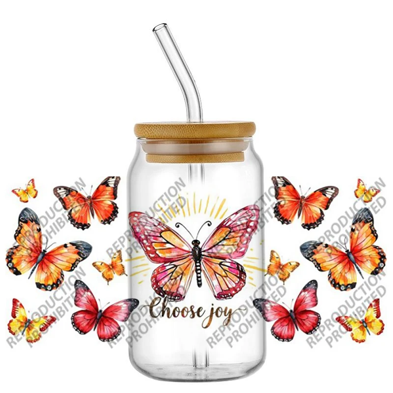 Hotsale Beautiful Cartoon Butterfly 16oz UV DTF 3D Transfer Sticker Decals For Glass Can Cup Craft DIY Gift Creative