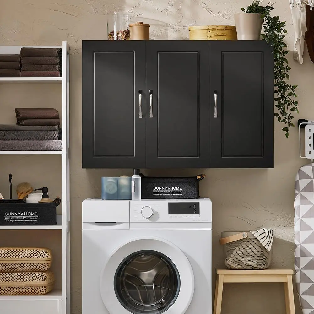 Mueble para Baño, Armario de Baño Estrecho, Gabinete de Pared con Tres Puertas, Armario Vertical para Baño, Cocina y Lavadero, Negro