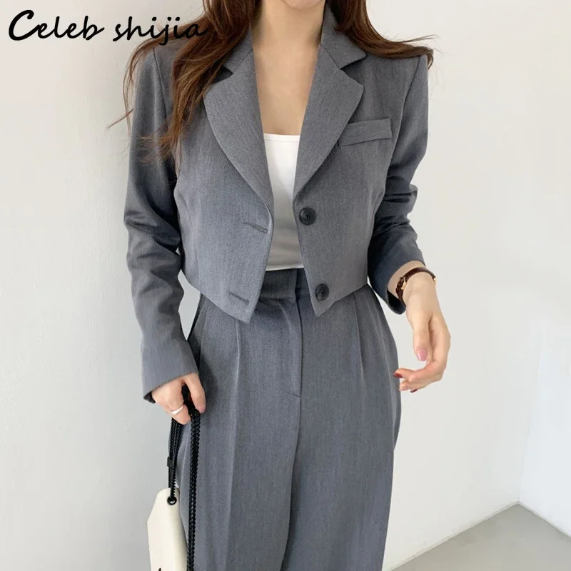 Chic Gray Blazers + High Waisted Pants Women Autumn Elegant 2 Piece Sets Office Ladies Business Long Sleeve Pant Suits OL