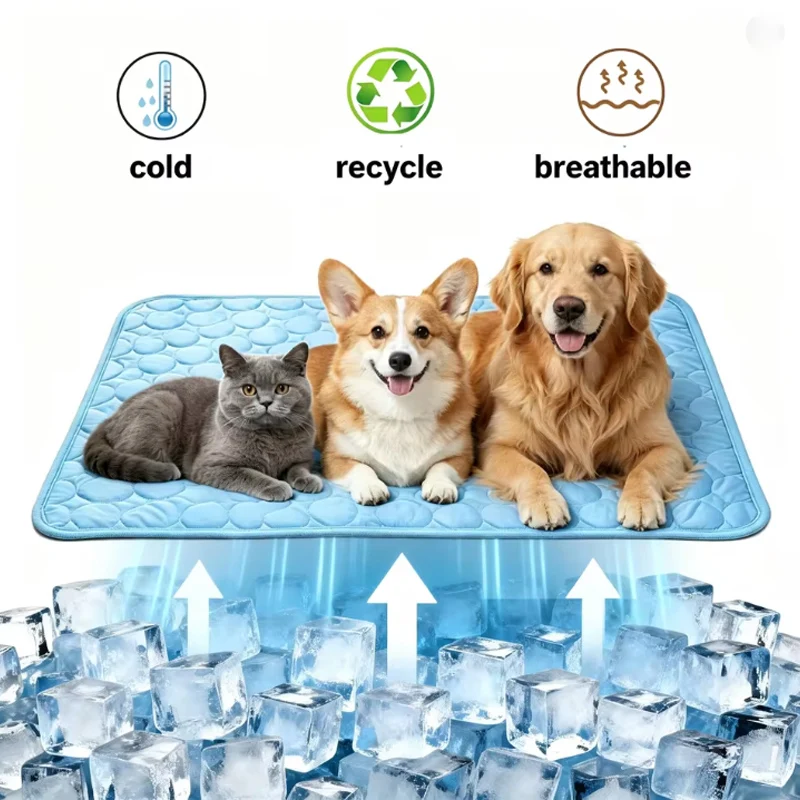 Reversible Cooling Pet Mat Ice Silk Fabric Machine Washable Breathable Summer Cool Pad for Dog Cat Multiple Size for Kennel Sofa
