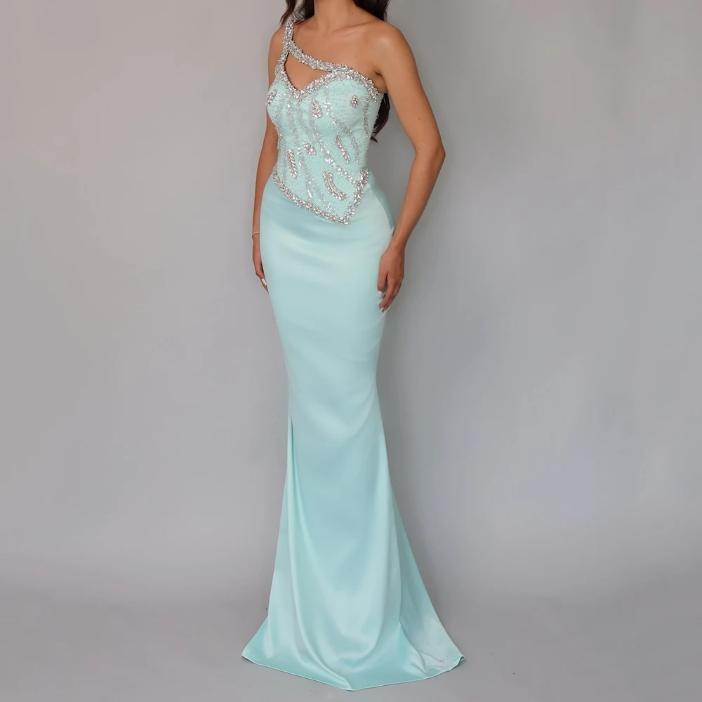 

Customized A-line Evening Dresses Floor-length One-shoulder Sleeveless Prom Gown Fashion Crystal Sequined Backless Party Gown