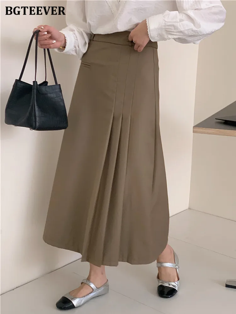 BGTEEVER Spring Summer Chic Loose Irregular Pleated Skirts Women Elegant High Waist Solid Female A-line Skirts