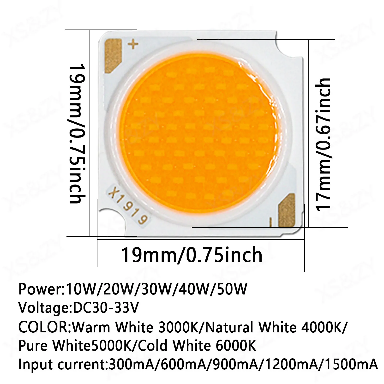 Imagem -02 - Diodo Emissor de Luz Led Chip Cob para Faça Você Mesmo Spotlight Downlight Dc3033v 1919 mm 10w 20w 30w 40w 50w Muito 10 Pcs