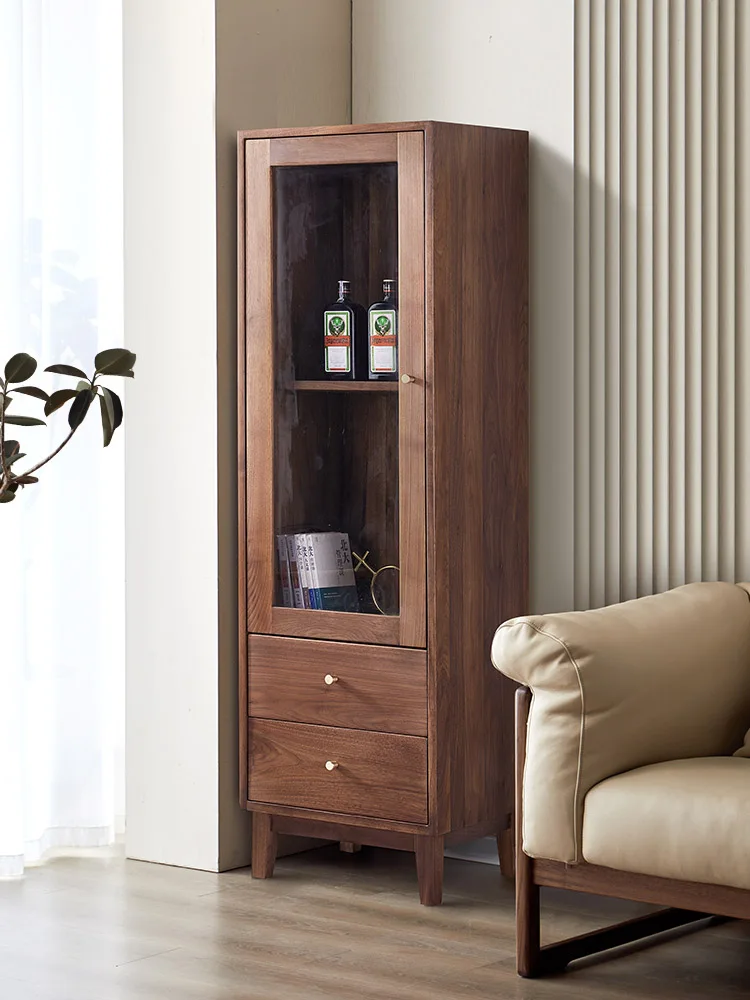 

North America Black Walnut Wooden Liquor Cabinet Nordic Living Room Glass Door Display Cabinet Simple Modern Locker