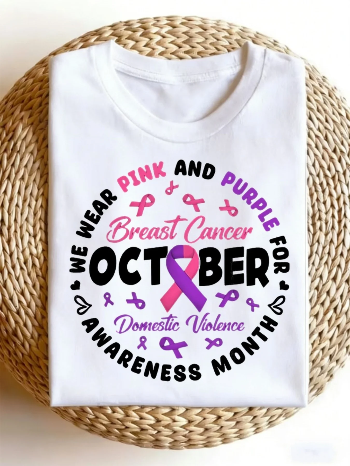 We Wear Pink And Purple to Support October Breast Cancer And Domestic Violence Prevention Month T-Shirt, Classic Men'S Crew-Neck T-Shirt, Unisex; Made of Pure -Soft, Breathable, And Ideal for Casual Daily Wear