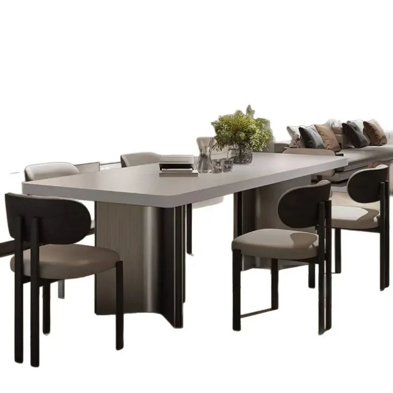 

Italian large apartment pure black hanging thickened rock slab dining table and chair combination modern simple