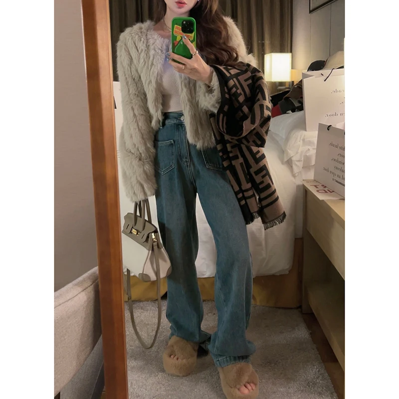 

YUKISS винтажные синие широкие джинсы для женщин, зимние свободные джинсы с высокой талией, прямой крой, длинные леггинсы с эффектом хлопка, эластичная джинсовая ткань