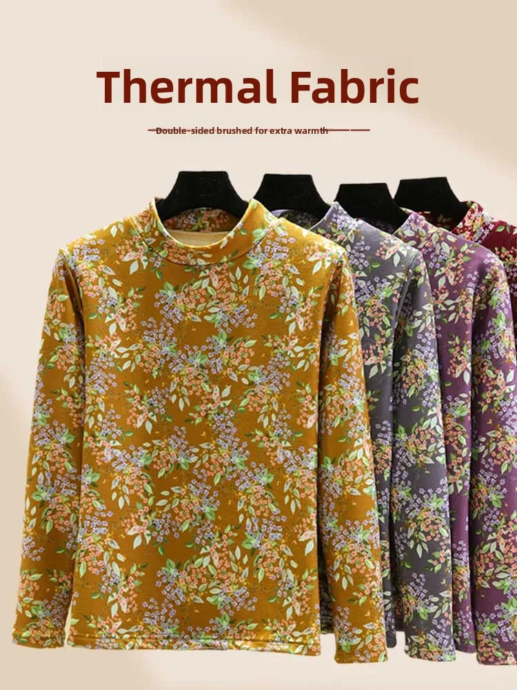 Thickened Fleece Floral Print Base Shirt Double-sided Brushed Long Sleeve High Collar Women's Thermal Top Winter Warm T-shirt