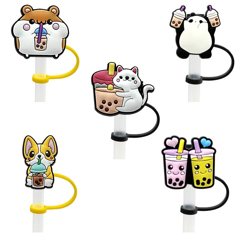 8mm/0.32in Straw Cover Cap Silicone Cute Animals Milk Tea Straw Protector Cover for Compatibility 30&40oz Tumbler