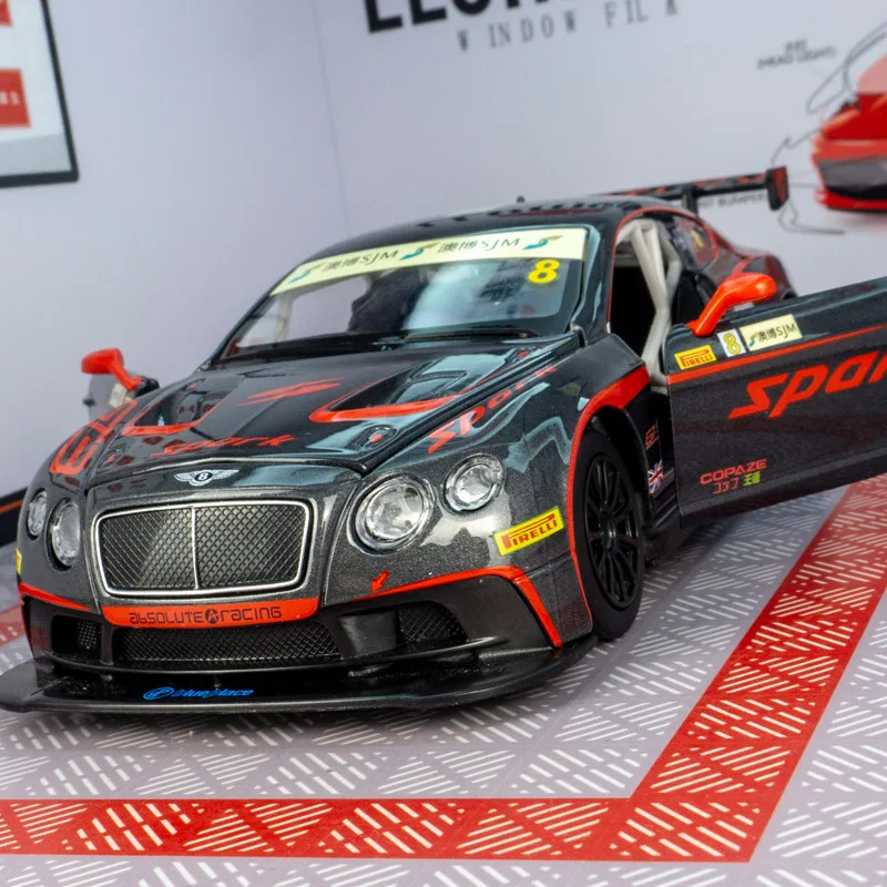 Modèle de voiture en alliage CCA 1:24 Bentley Continental GT3, portes et capot ouvrables, fabrication soignée et de bonne qualité.