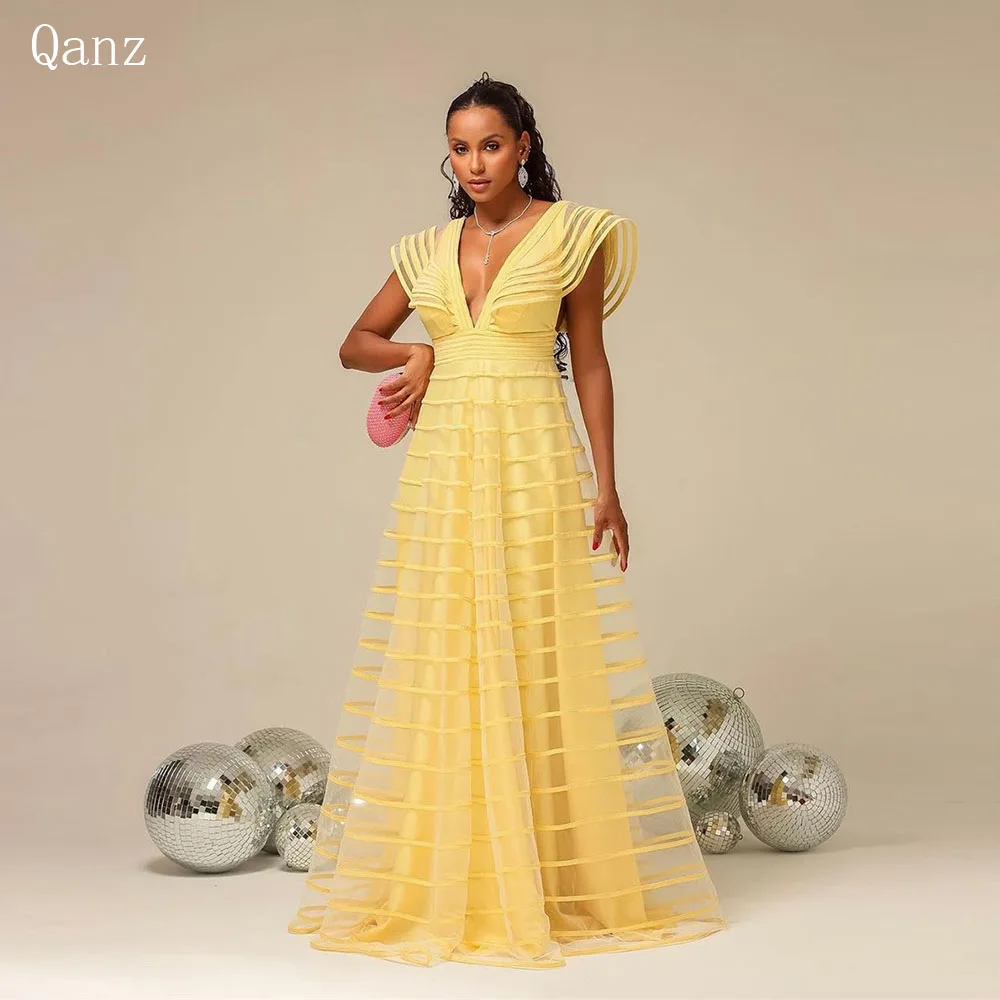 

Qanz Yellow Modest Evening Dresses A Line Tulle Long Formal Dresses For Women Backless Cap Sleeves Vestido De Festa Customized