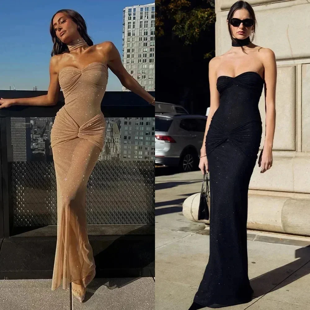 

Sexy Sequin See Through Maxi Dress Women Strapless Slim Hip Wrap Evening Long Dresses 2024 Chic Lady Party Vestidos Club Robes