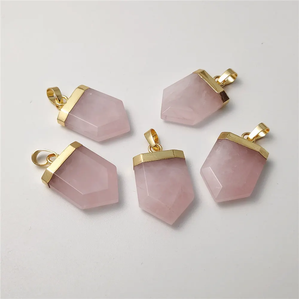 FUWO Wholesale Shield Shape Rose Quartzs Pendant,Golden Plated Pink Crystal Accessories For Women Jewelry Making 5Pcs/Lot PD422