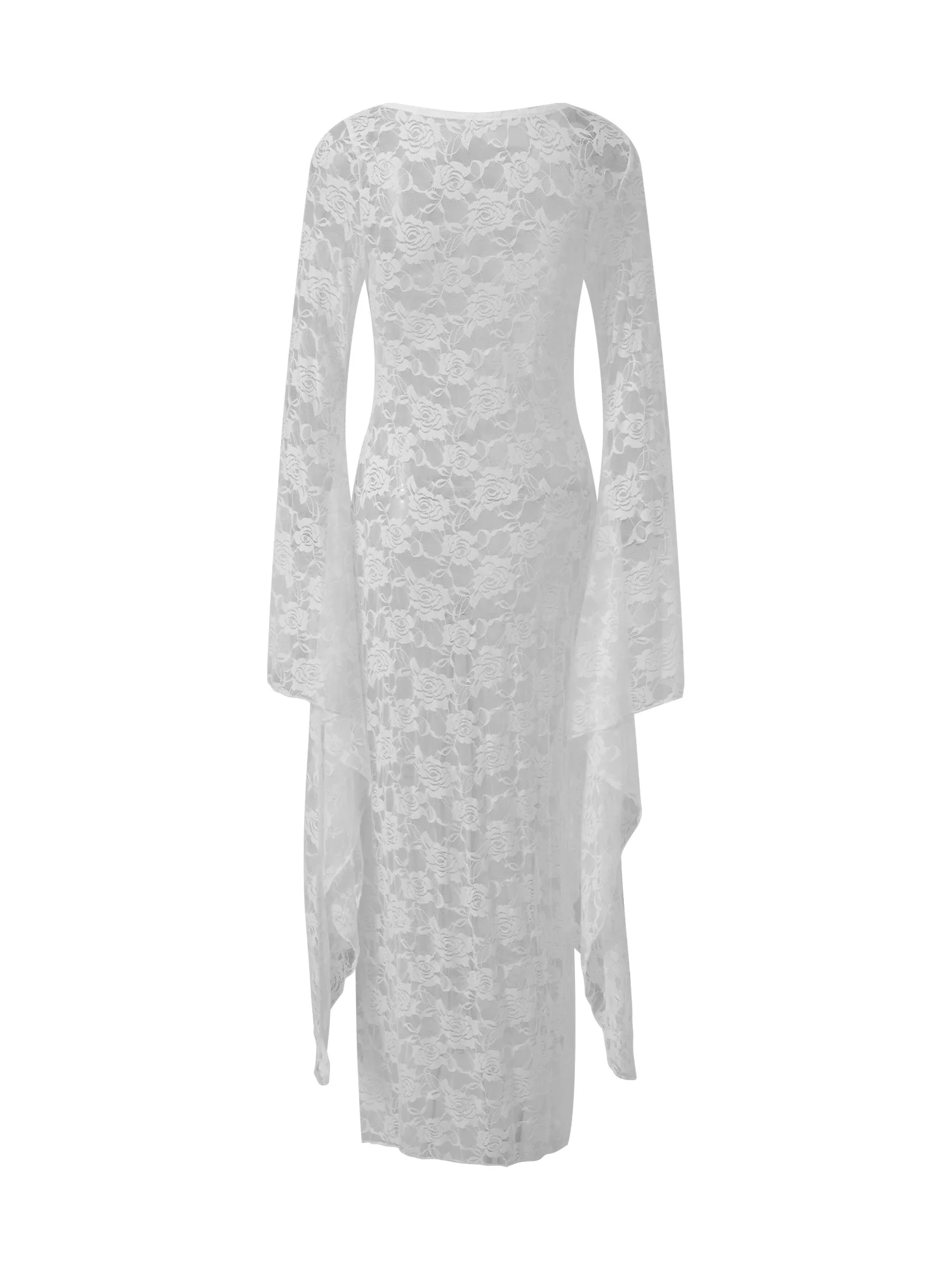 エレガントな女性のレースシアーマキシドレススタイリッシュなソリッドカラーのVネック長袖スプリットボディコンガウン特別な機会に