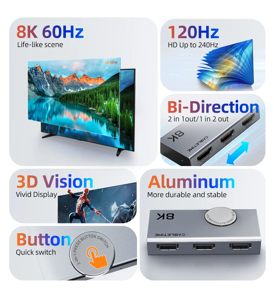 CABLETIME HDMI Splitter 8K 60Hz 4K 120Hz 2-in-1 Umschalter 3D Vision Aluminium-Knopf-Design Adapter für Laptop Macbook Pro Lenovo – Detail 3