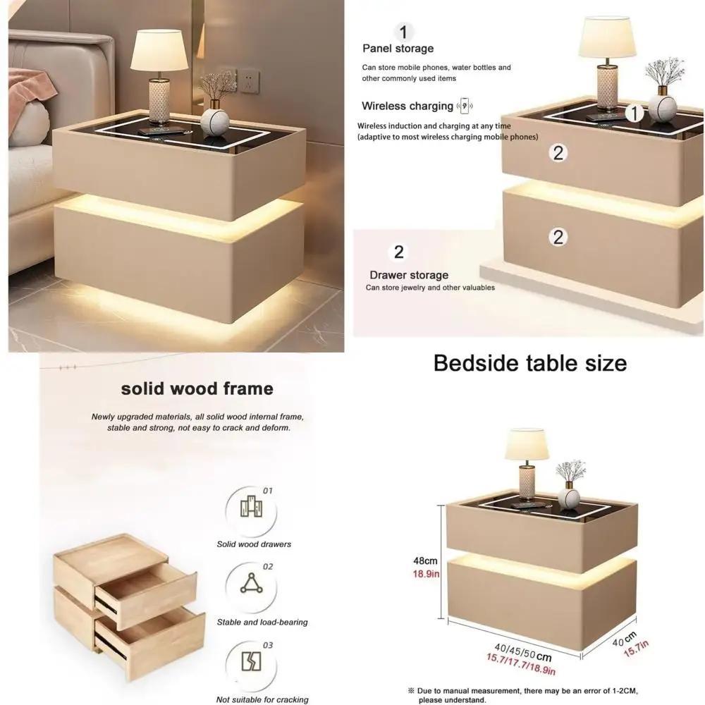 contemporary 2-drawer nightstand with wireless charging and led light for bedrooms
