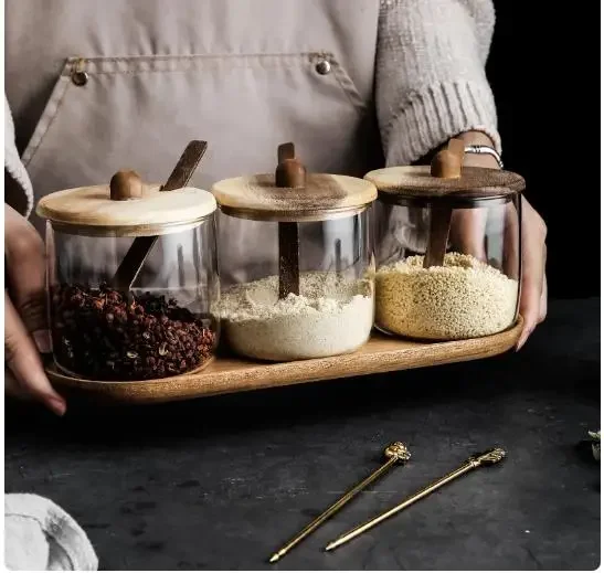 Modern Simple Transparent Glass Seasoning Jar Wooden Base Kitchen Pepper Salt Storage Bottle Home Decoration