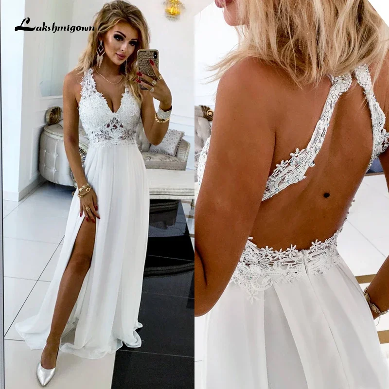 Boho Sexy High Slit V-neck Backless Lace Appliques A-Line Wedding Dresses Chiffon Bridal Gowns Sweep Floor vestidos de fiesta