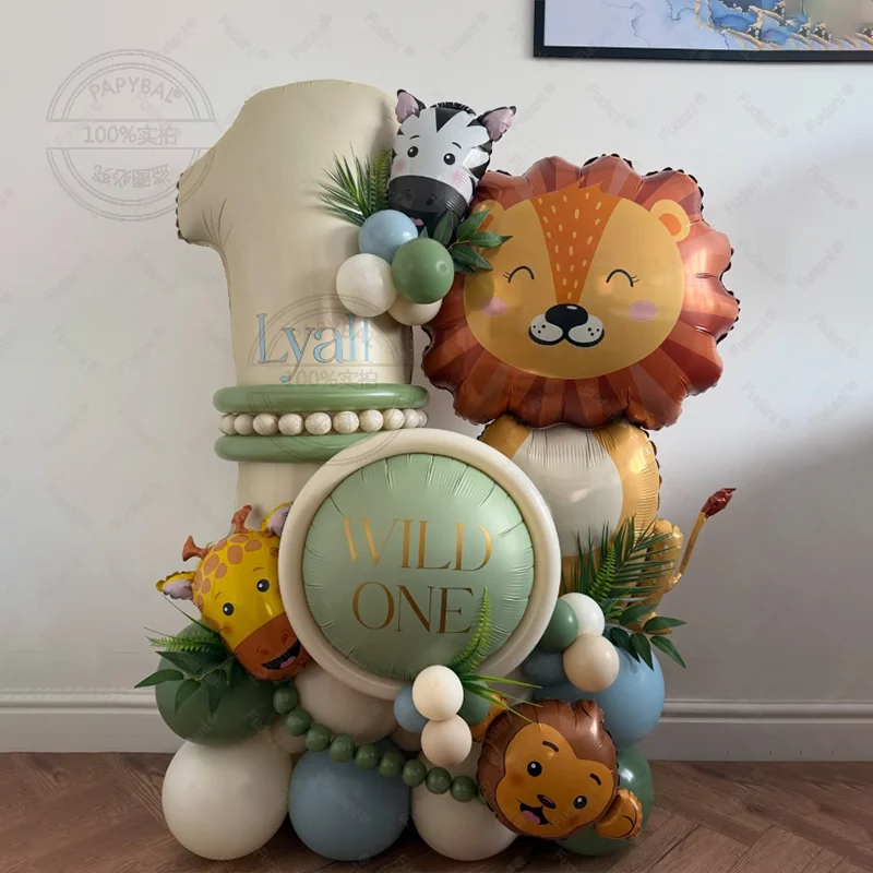 45 pièces Lion girafe ballon crème blanc numéro anniversaire ballon ensemble Jungle Animal thème fête d'anniversaire décoration cadeau pour enfants