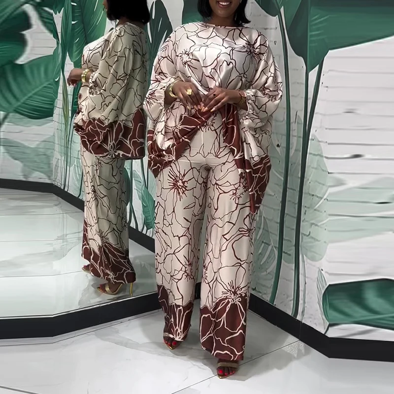 Casual Commuting Outfits Vintage Pattern Printed Loose Two Piece Autumn O Neck Long Sleeved Top and Straight Pants Women Suit