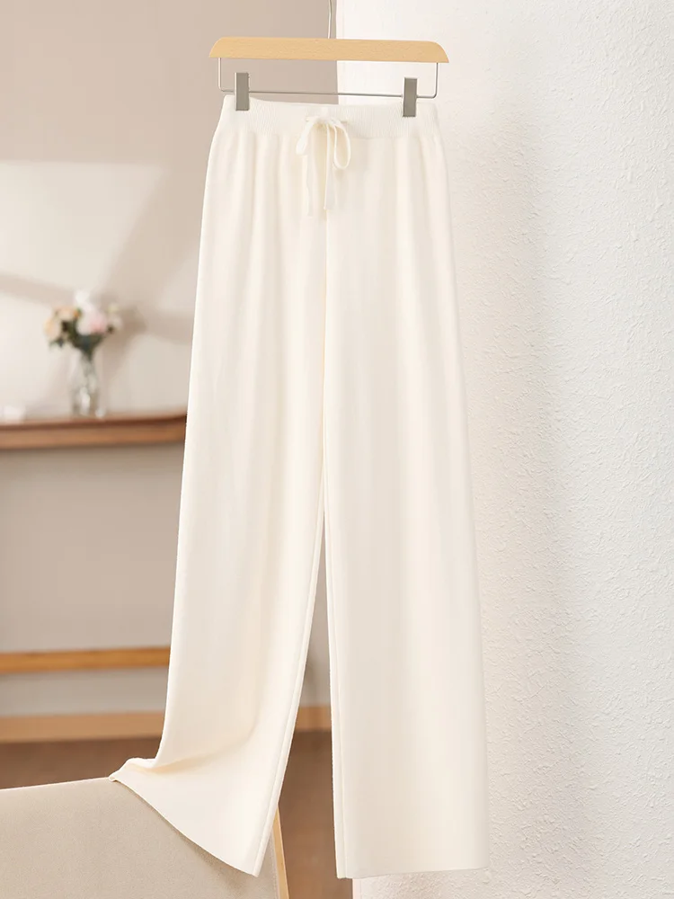 Calça feminina de malha de cintura alta com pernas largas, elástica, quente, corte reto, tamanho pequeno, comprimento até o chão, camada de base...