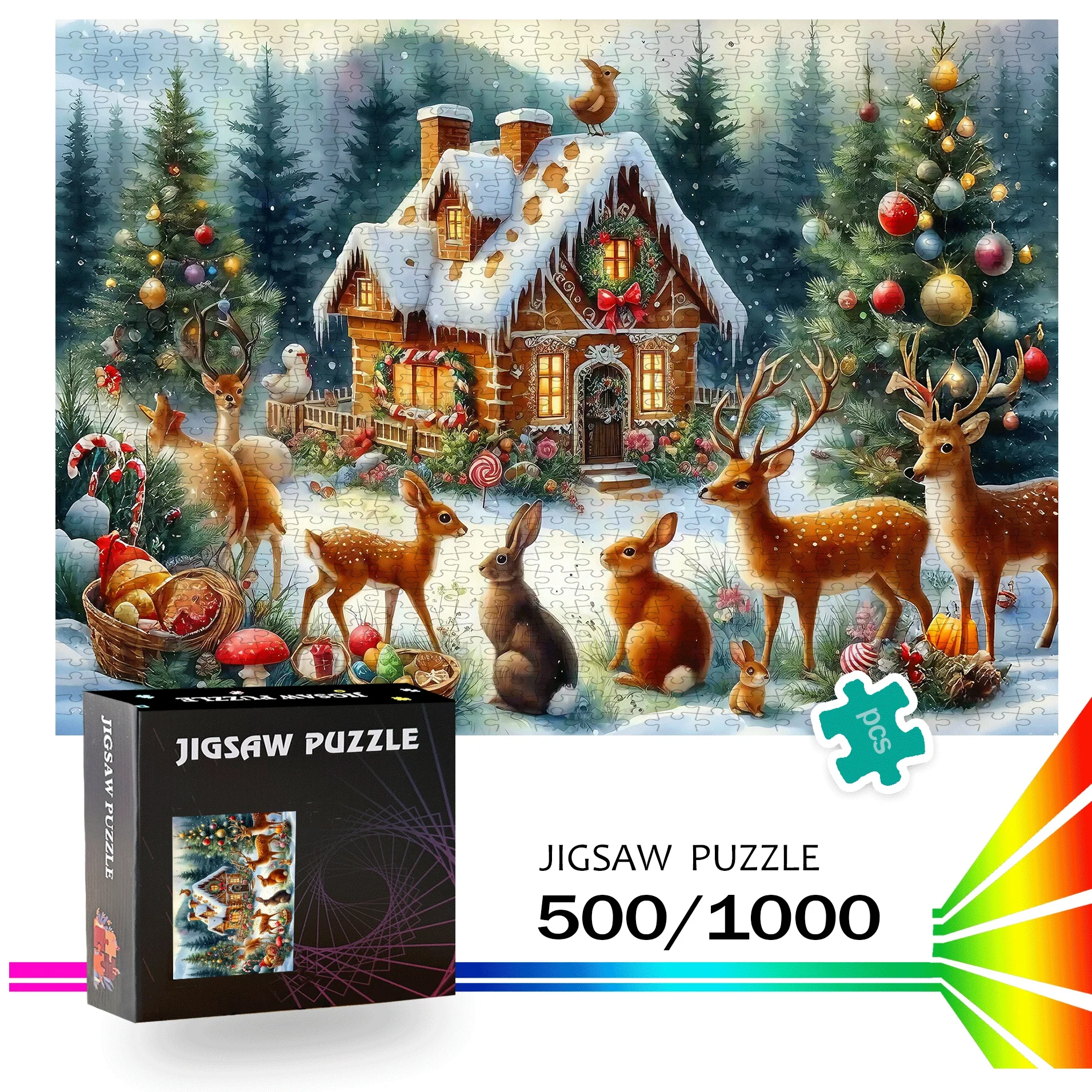 500/1000 große Winterdorf-Puzzle mit verschneiten Häusern, Hirsch und Schloss – herausforderndes Mittelstufe, lebendige Farben