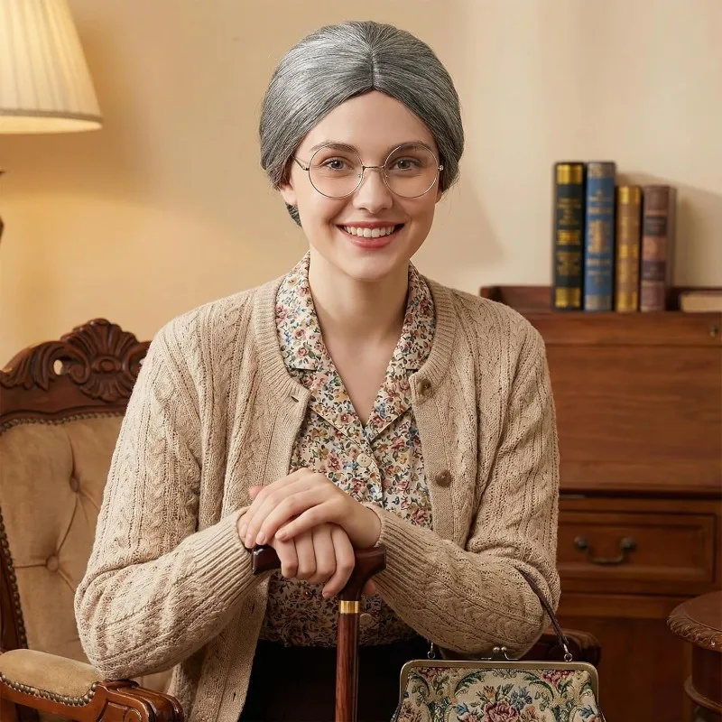 Costume de vieille dame, perruque de grand-mère avec lunettes de grand-mère, Costume de 100 jours d'école pour filles habiller Cosplay fête de famille Surprise