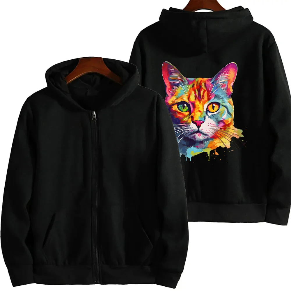 Korean Hooded Sweatshirt for Women Black Zip Up Hoodie Long Sleeve Watercolor Dog Cat Print Fleece Zip Hoodies Sudaderas Mujer