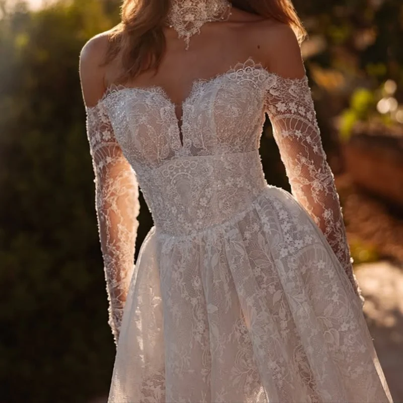 

Shiny White Appliques Wedding Dresses off-shoulder A skirt glitter decal long sleeves Gowns Made wedding dress Customized