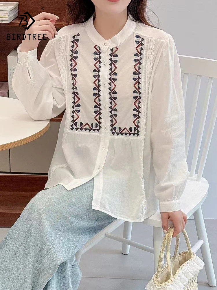 

New 2025 Autumn Cotton Long Sleeve Shirt, Women Stand Lace Embroidery, Mori Girl Retro Ethnic Style Chic Loose Blouse T58058CC