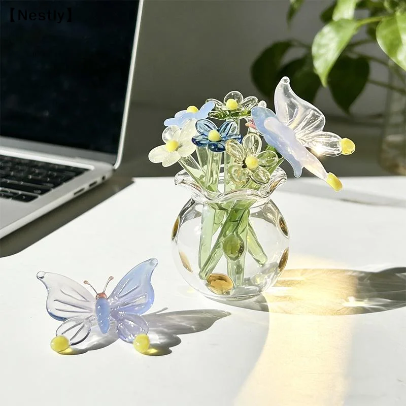 Handgefertigte Blumenskulptur, mundgeblasene Glas-Blumenstrauß-Vase, Mini-Blumendekoration für Zuhause, handgefertigte Simulation〔Nest〕